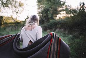 Woman Back Blanket Walking Outdoors Nature