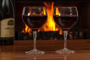 Red Wine, Glasses, Log Fire, Red, Wine